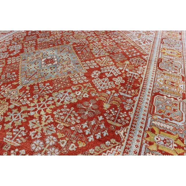 Persian Early 20th Century Antique Persian Joshegan Rug With Geometric Medallion Design in Rust and Ivory For Sale - Image 3 of 11