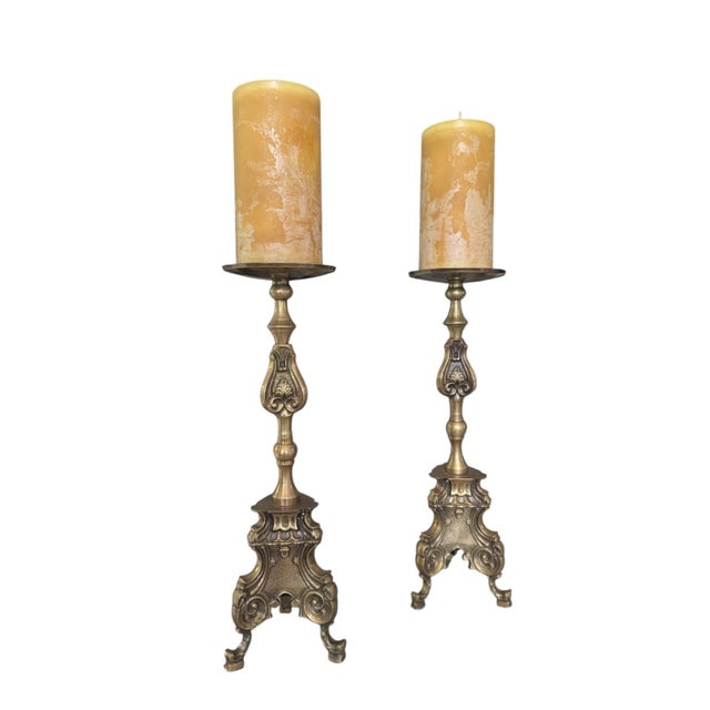 A Pair of French Rococo Bronze Pricket Candle Holders Early 20th Century Each Pillar Candle Holder stands at 13.75"