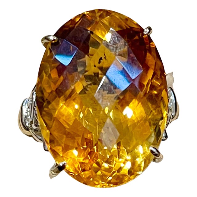 34 Ct Natural Oval Checker Board Citrine Cocktail Ring 14 Kt Yellow Gold, Estate For Sale