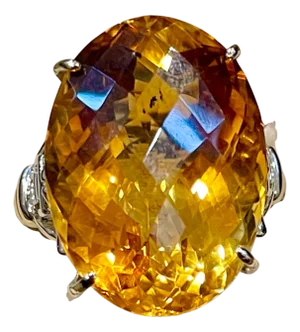 34 Ct Natural Oval Checker Board Citrine Cocktail Ring 14 Kt Yellow Gold, Estate
