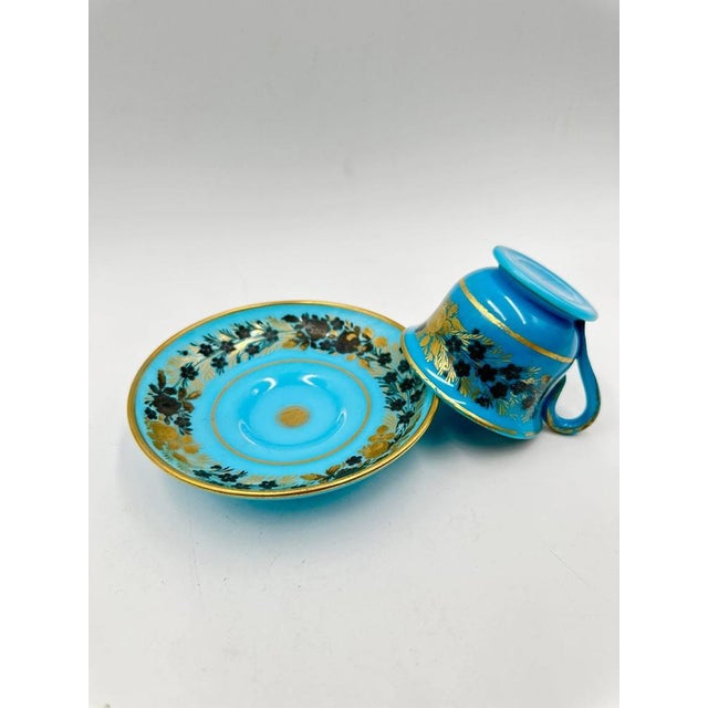 Charles X Turquoise Blue Opal Saucer and Underplate Decorated with Painted Flowers and Gold Trim, 1830, Set of 2 For Sale - Image 4 of 13