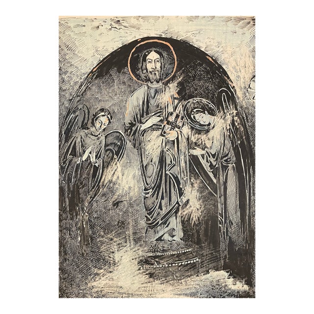 Antique Religious Drawing of a Fresco For Sale