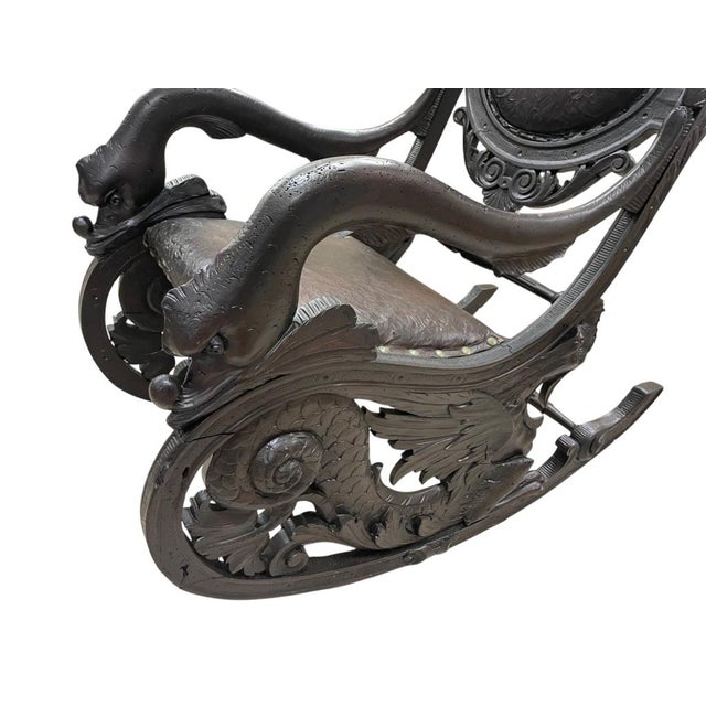1900 - 1909 Antique Gothic Revival Carved Wood Rocking Chair Griffin Lion Figural Rocker 54" For Sale - Image 5 of 17