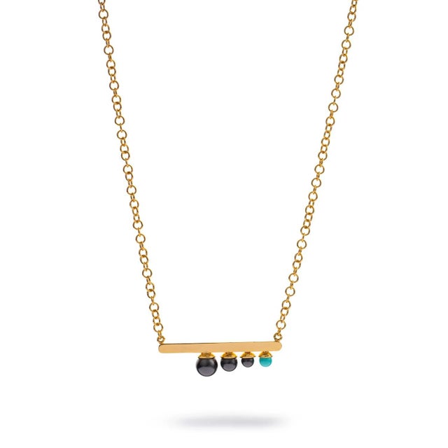 Modern Harmony Black Pearl & Turquoise Gold Necklace For Sale - Image 13 of 13