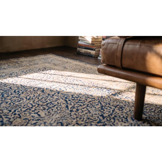 Navy Blue Traditional Floral-Medallion Design on Navy Background and Camel Border Color Antique Persian Kirman Rug For Sale - Image 8 of 10