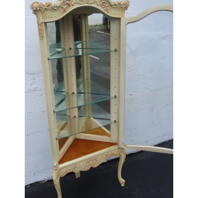 Cream French Tall Painted Corner Vitrine Display Curio Cabinet Cupboard 6676 For Sale - Image 8 of 18