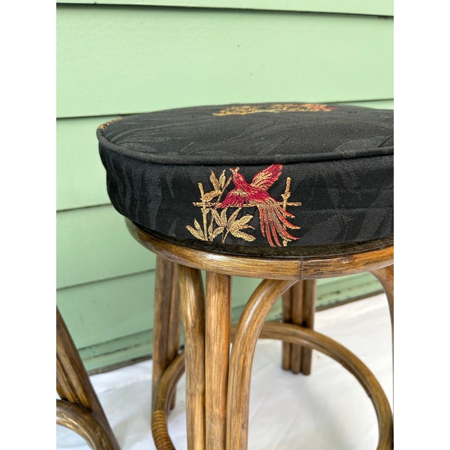 1980s Rattan Bamboo Upholstered Bar Stools Black Aviary Embroidered Fabric - A Pair For Sale In Louisville - Image 6 of 11