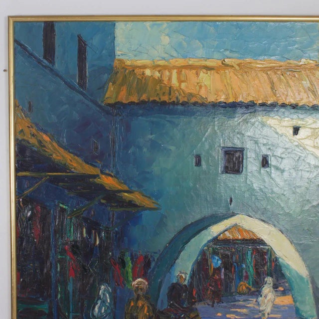 Mid Century acrylic on canvas painting of a Middle Eastern Street scene executed with bold impressionistic brush strokes....