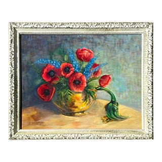 Vintage Original Painting of Poppies on Canvas For Sale
