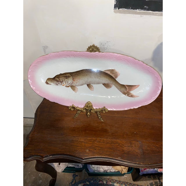 Antique Fish Platter ServeWare . Victorian Porcelain Fish Platter With a Hand-Painted Muskellunge, Circa 1891. 24.5” For Sale - Image 9 of 12