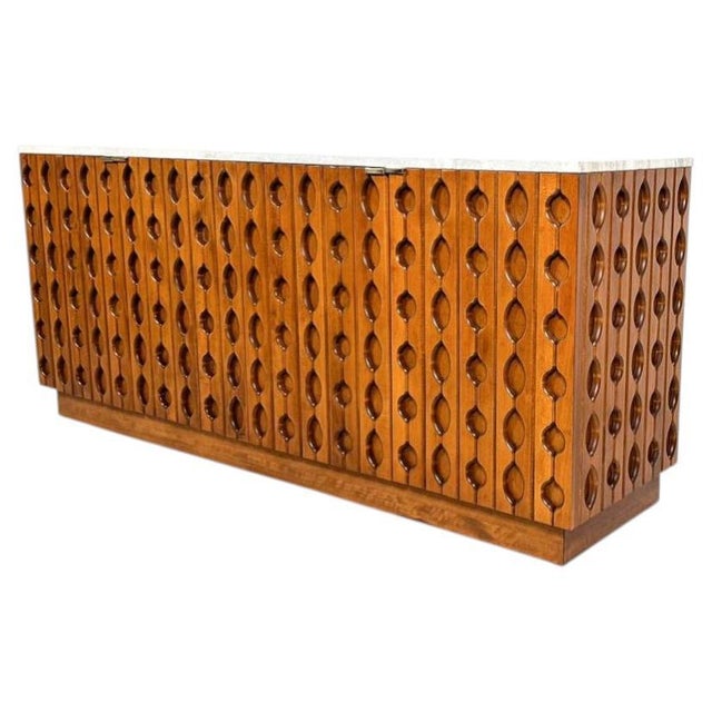 Brown Italian Sideboard in Wood and Travertine For Sale - Image 8 of 8