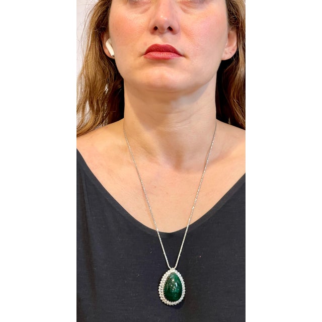 Arts & Crafts 55 Carat Pear Shape Emerald Cabochon & 5.5 Ct Diamond Ring /Pendant 14 Kt Gold For Sale - Image 3 of 18