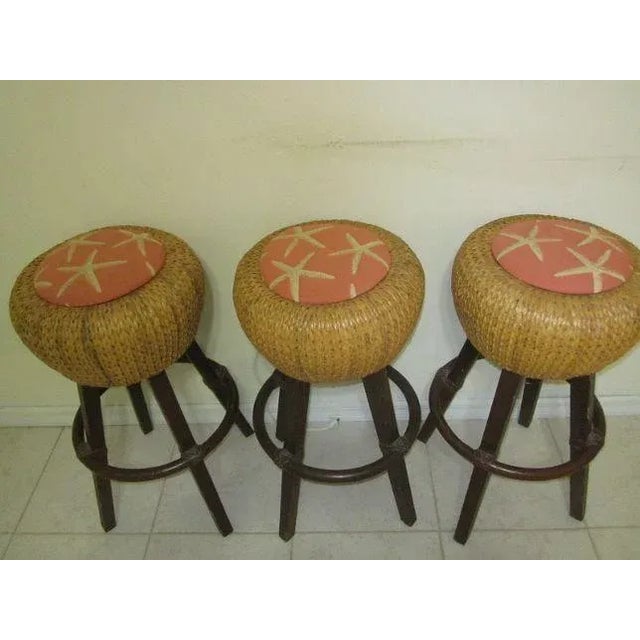 1980s Woven Rattan Wicker Round Backless Beach Coastal Not Swivel Fabric Set of 3 For Sale - Image 11 of 12