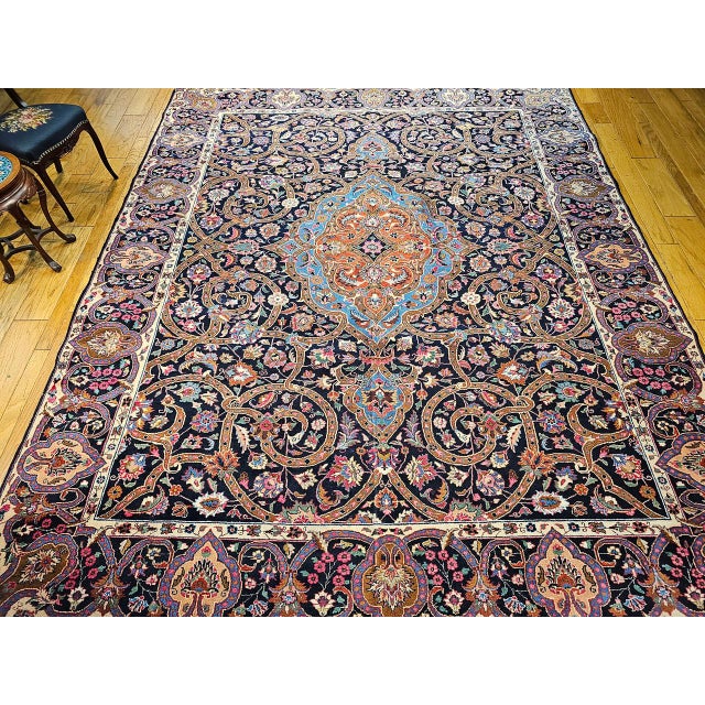 Vintage Persian Khorassan Rug, Hand-Knotted Wool, Floral Pattern, Navy & Turquoise, 10x12 For Sale - Image 9 of 11