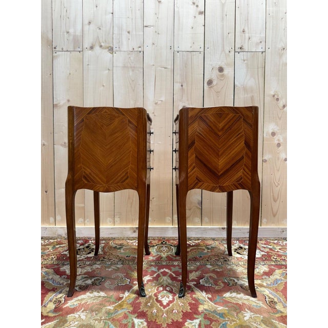 Metal Louis XV Style Marquetry Bedside Tables, 1950s, Set of 2 For Sale - Image 7 of 8