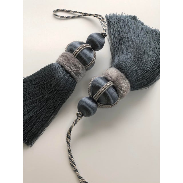 2020s Pair of Smoky Blue Key Tassels With Satin & Cut Velvet Details For Sale - Image 5 of 13