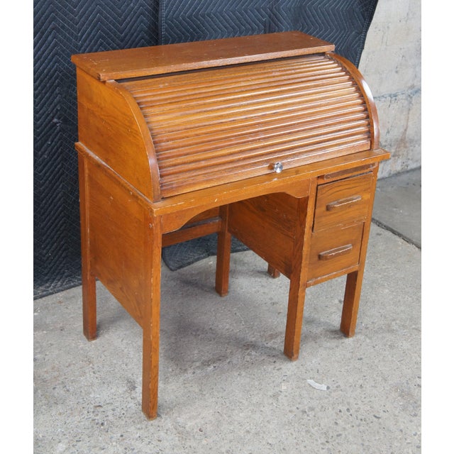 Antique Victorian Oak Childs Cylinder Roll Top Library Writing School Desk Table For Sale - Image 4 of 12