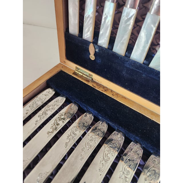 Late 19th Century 1880's Mother of Pearl Fruit Knife and Fork Set - 24pcs with Wooden Box For Sale - Image 5 of 12
