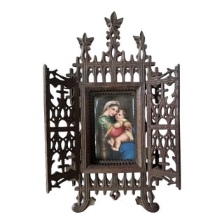 Antique Victorian Hand Painted Porcelain Plaque of Madonna & Child in Easel Back Carved Walnut Frame For Sale