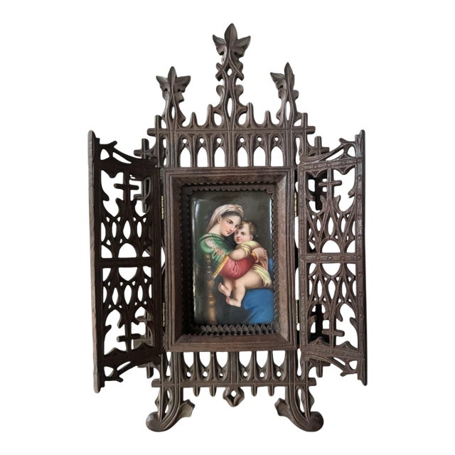 Antique Victorian Hand Painted Porcelain Plaque of Madonna & Child in Easel Back Carved Walnut Frame For Sale
