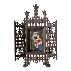 Antique Victorian Hand Painted Porcelain Plaque of Madonna & Child in Easel Back Carved Walnut Frame