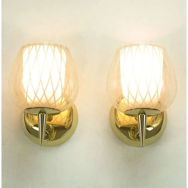 Lightolier Gerald Thurston for Lightolier Etched Glass and Brass Sconces - a Pair For Sale - Image 4 of 11