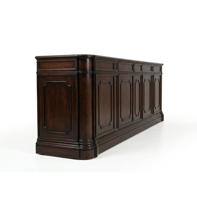 French Provincial Traditional Paneled Dark Walnut Credenza Sideboard With Center Drawers and Cabinet Storage For Sale - Image 3 of 4