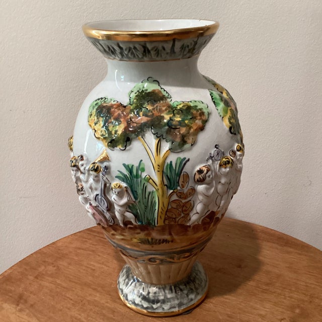 Vintage Pereiras Valado Porcelain Ornate Vase With Cherubs Raised Relief Hand Painted For Sale - Image 12 of 12