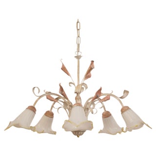 Suspension Chandelier with 5 Lights in White Murano Glass & Handmade Brass Structure, Italy, 1980s For Sale