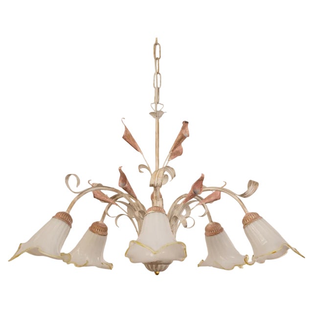 Suspension Chandelier with 5 Lights in White Murano Glass & Handmade Brass Structure, Italy, 1980s For Sale