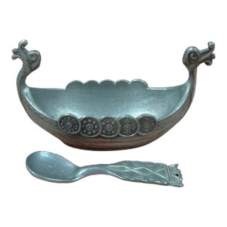 Vintage Norwegian Pewter Viking Ship Salt Cellar With Spoon For Sale