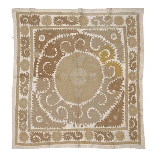 Bohemian Neutral Tan Suzani From Tashkent 4'6'' X 4'10'' For Sale