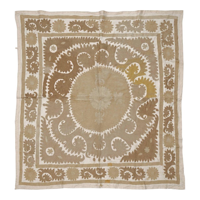 Bohemian Neutral Tan Suzani From Tashkent 4'6'' X 4'10'' For Sale