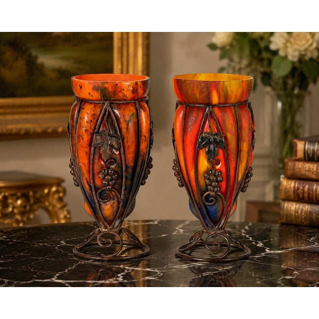 Orange Larry Flynt Estate Provenance | Pair of French Art Deco Le Verre Francais Art Glass & Wrought Iron Vases, C. 1925 For Sale - Image 8 of 11