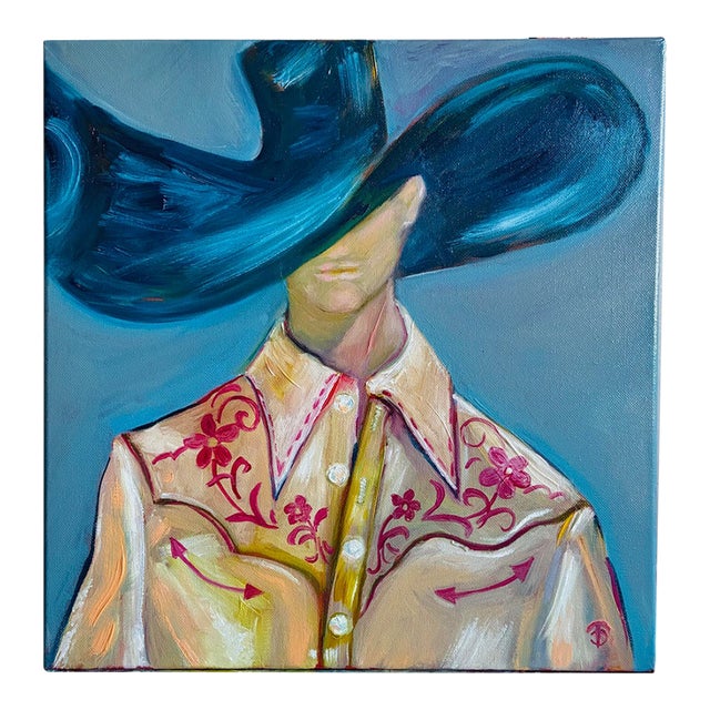 Cowboy Original Oil Painting, Signed, Modern Western Portrait, Blue Hat, Unframed Tatiana Duperault For Sale