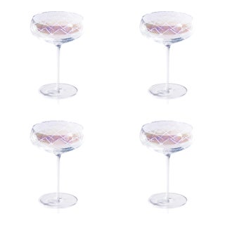 Audrey 4-Piece Set Hand Etched Coupe Glasses, Clear Luster For Sale