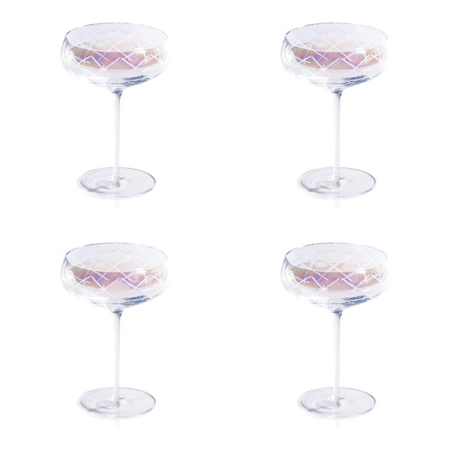 Audrey 4-Piece Set Hand Etched Coupe Glasses, Clear Luster For Sale