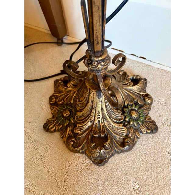 Antique Art Deco Floor Standing Bridge Arm Lamp 59", Ornate Gold & Green Floral For Sale In Cleveland - Image 6 of 11