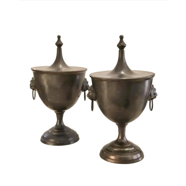 Metal Vintage Regency Style Chestnut Urn With Lion Head Ring Handles ~ a Pair For Sale - Image 7 of 7