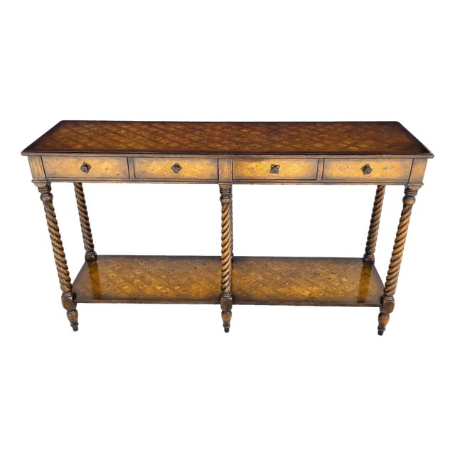Theodore Alexander Burl Parquetry Console Table With 4 Drawers For Sale