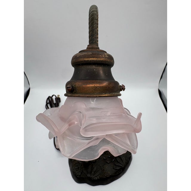 1900s Art Nouveau Bronze Figural Table Lamp With Pink Glass Flower Shade For Sale - Image 11 of 12