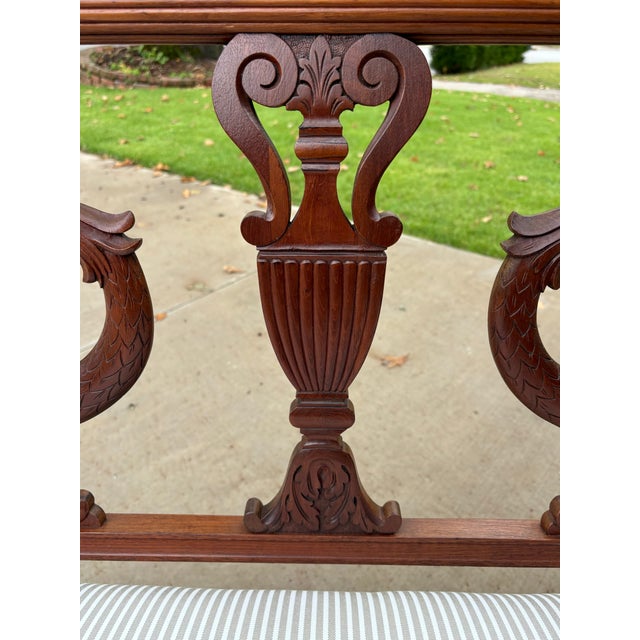 Antique Hand-Carved Mahogany Chair-Backed Settee in Jake Stripe by Perennials in Linen Colorway For Sale - Image 4 of 12