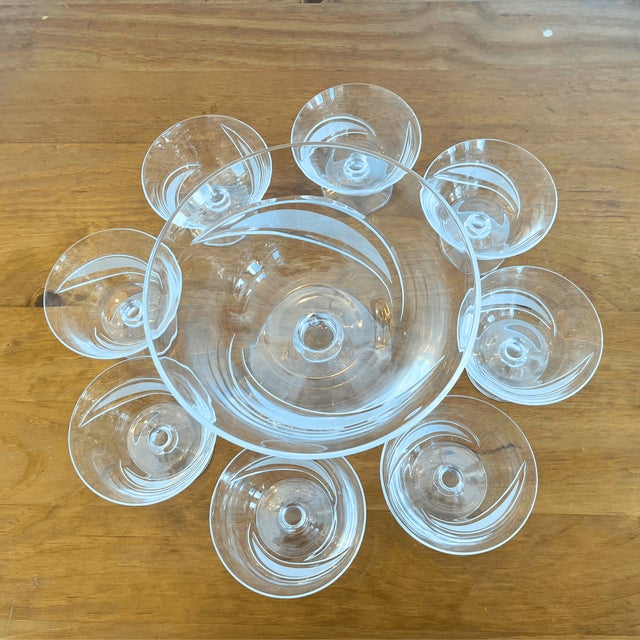 Mid-Century Crystal Punch Center Bowl and Coupe Glasses from Cristallerie de Lorraine, 1950s, Set of 9 For Sale - Image 8 of 9