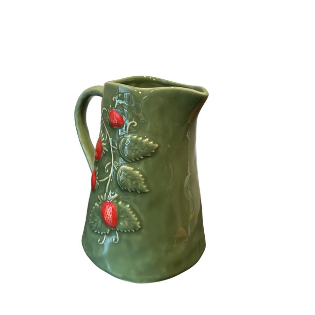 2020s Portuguese Majolica Strawberry Pitcher – Sage Green Earthenware, Hand-Painted Relief Fruit Design, Bordallo Pinheiro Style For Sale - Image 5 of 7