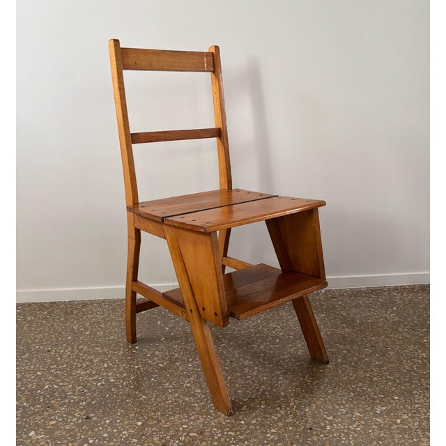 Wood Oak Wooden Library Ladder and Chair, Netherlands, 1930s For Sale - Image 7 of 10