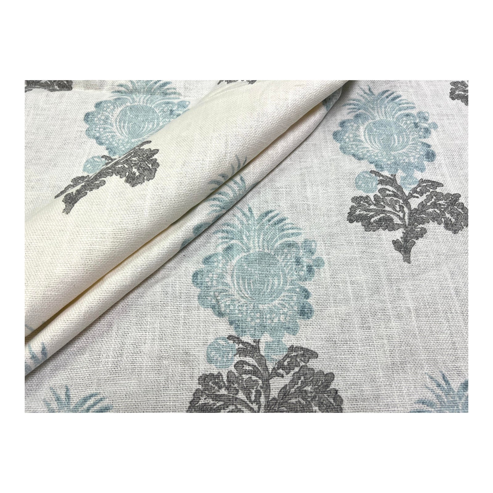 Thibaut Aldith Aqua Blue Cream Grey Floral Medallion Cotton Linen