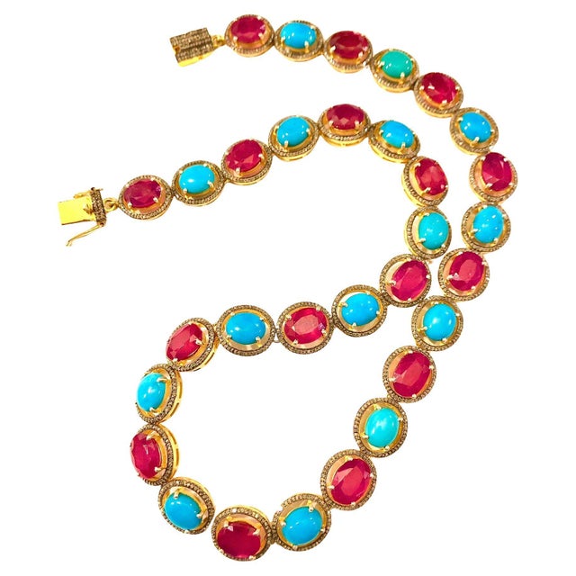 Bochic "Capri" Natural Ruby, Turquoise & Diamond Necklace & Earrings Set 18K Gold For Sale - Image 15 of 18