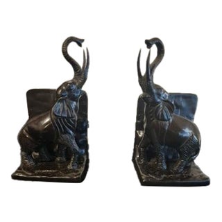 Vintage 1930s Art Deco Anglo-Indian Chocolate Bronze Elephant Bookends - Pair For Sale