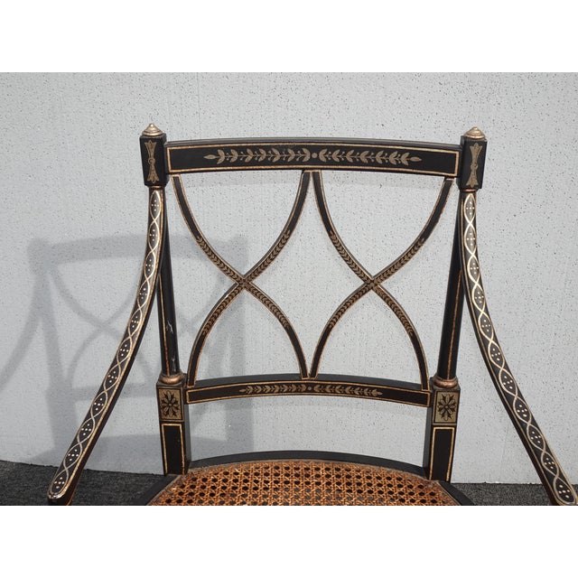 Pair of Vintage French Style Hand Painteded Cane Arm Chairs For Sale - Image 4 of 12