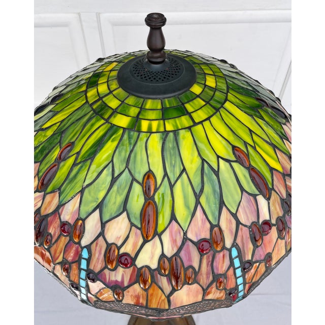 Early 20th Century Copper Floor Lamp With Tiffany-Style Dragonfly Stained Glass Shade For Sale - Image 10 of 12